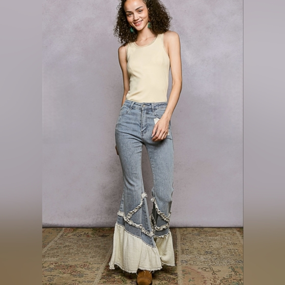 P110 NWT POL Flare Stretch Denim Twill Vintage Wash Pockets Raw Hem Sm Md Lg - Picture 6 of 14